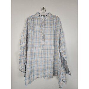 CP Shades Womens Large Plaid Ruffle Collar Button Top Linen Blue Beige 1358-228